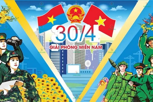 Backdrop trang trí sân khấu 30/4 1/5 kết hợp hoa tươi và bóng bay